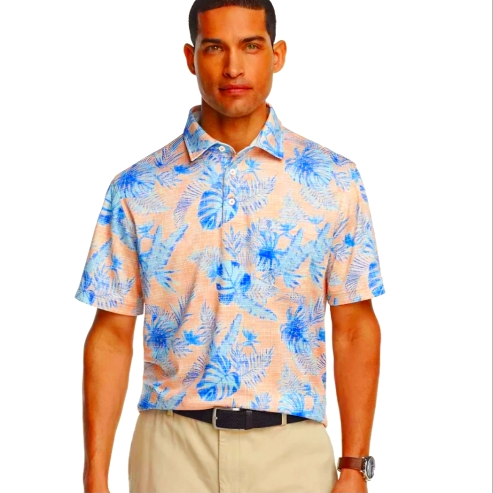 Izod Saltwater Blue and Orange Tropical Print Polo Shirt, XL UPF 50+ Lightweight
